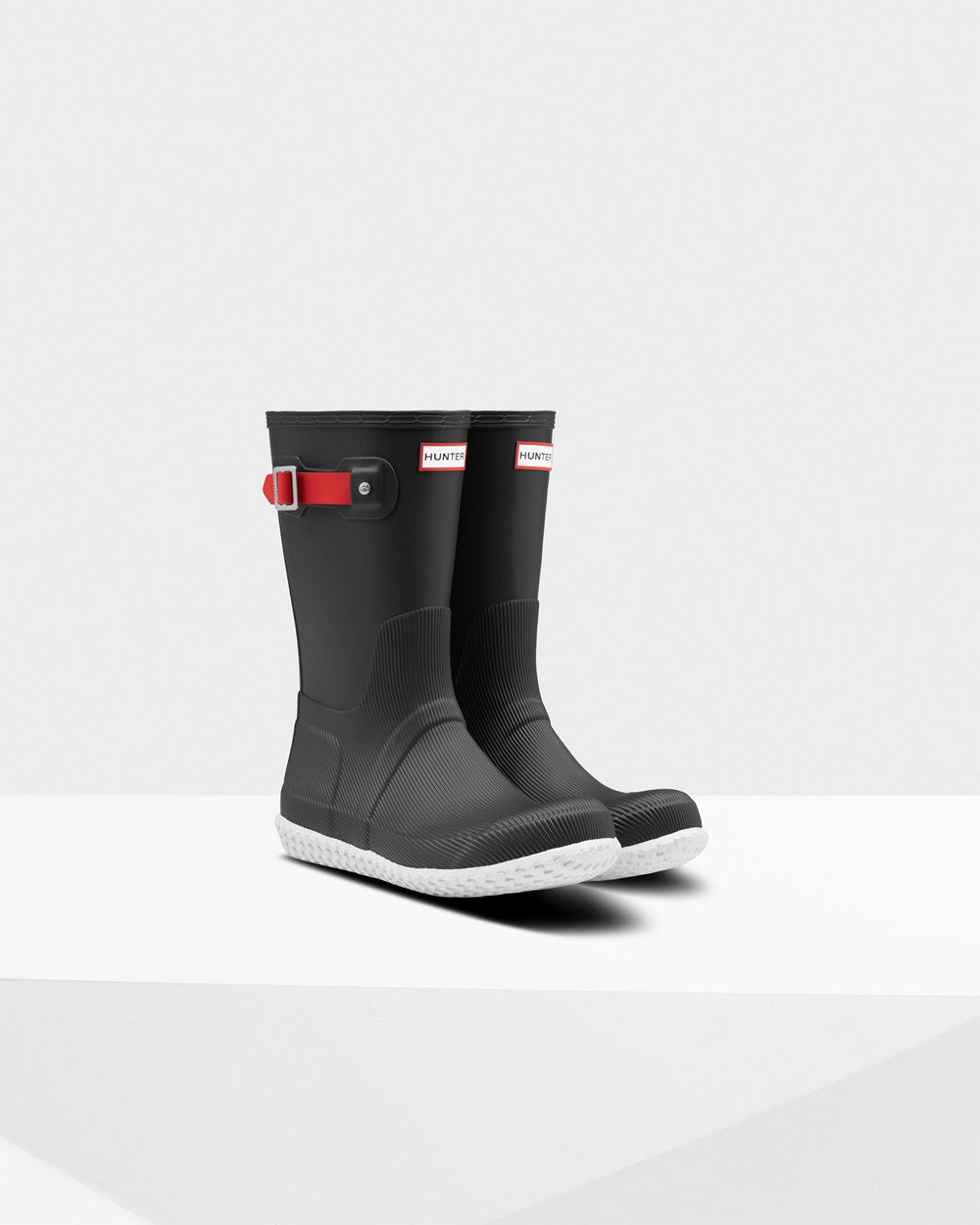 Men Hunter Original Flat Heel Calendar Sole | Short Rain Boots Black/Red | NZ-31284-VTHS